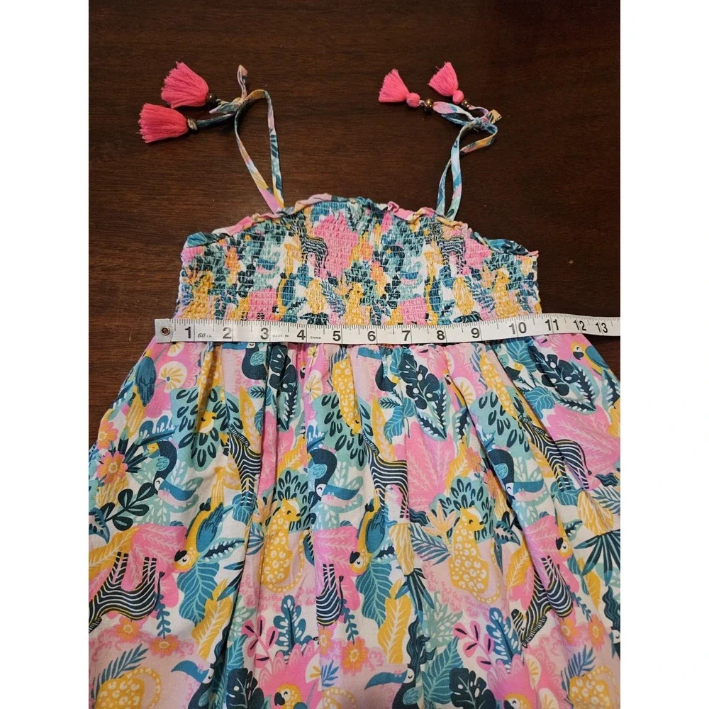Tommy Bahama Floral Babydoll Sun Dress Tropical Print Girls Size 5 Zebra Tassels